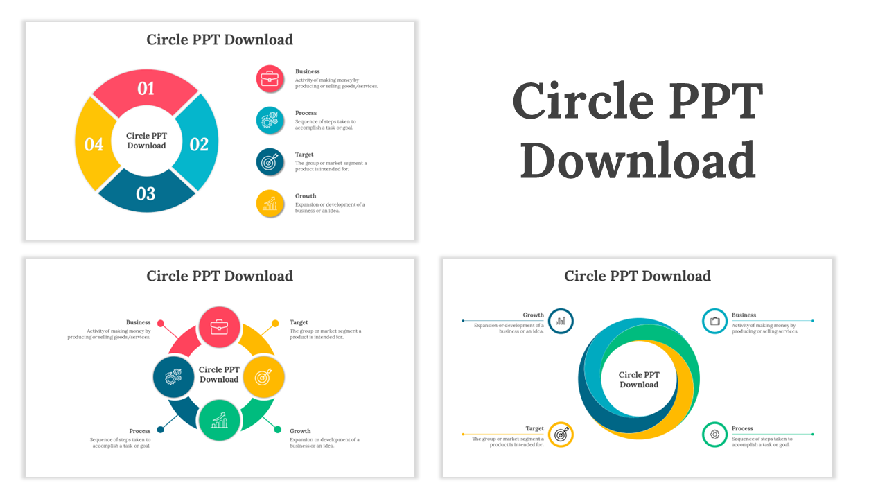 Slide deck featuring circular infographic layouts in vibrant colors with text placeholders for business and strategy themes.