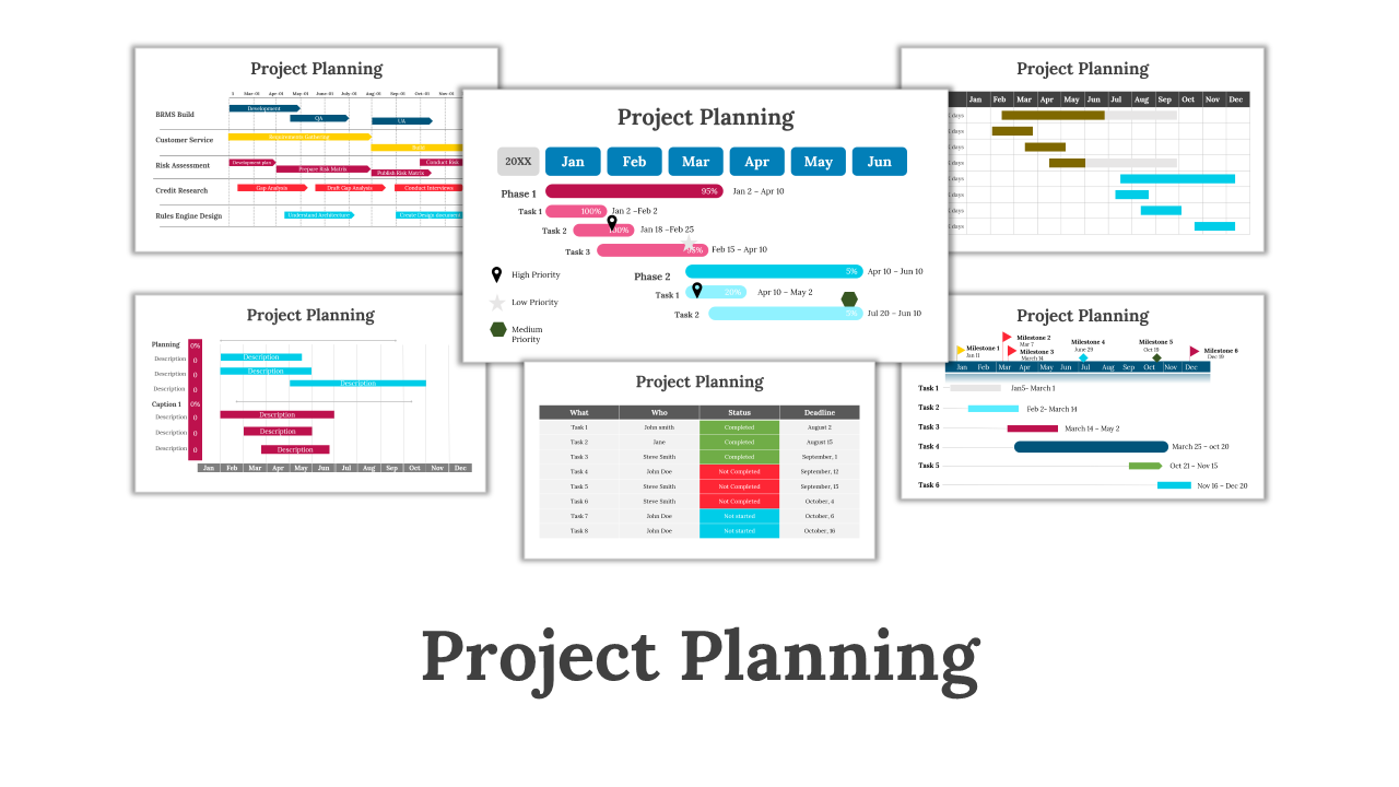 Collection of project planning slides with Gantt charts and timelines, using different colors to represent task durations.