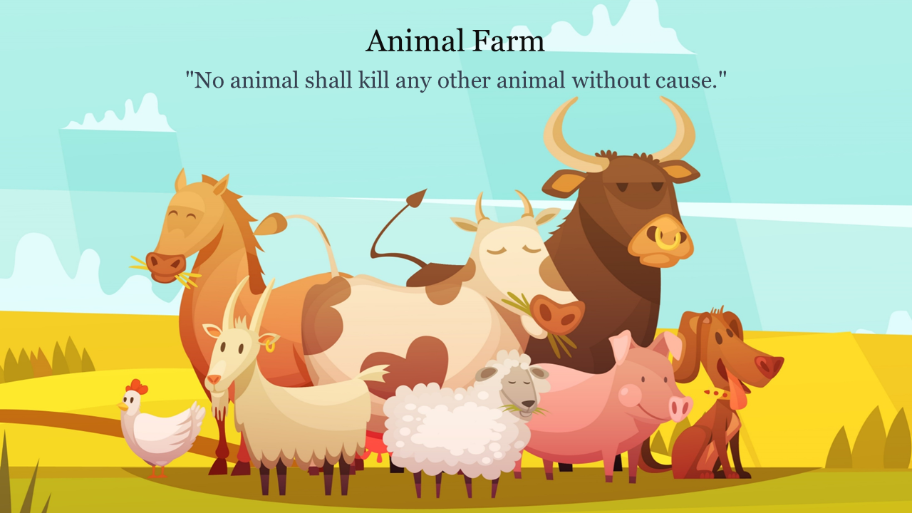 Slide deck with group of farm animals, including cows, pigs, and sheep, in a field with quotes in a bright, cartoon style.