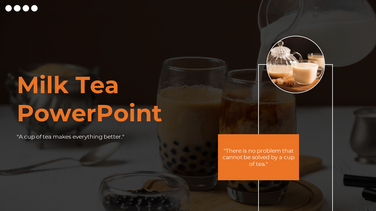 Slide deck with images of milk tea, types, processing methods, and health benefits on a dark and warm color scheme.