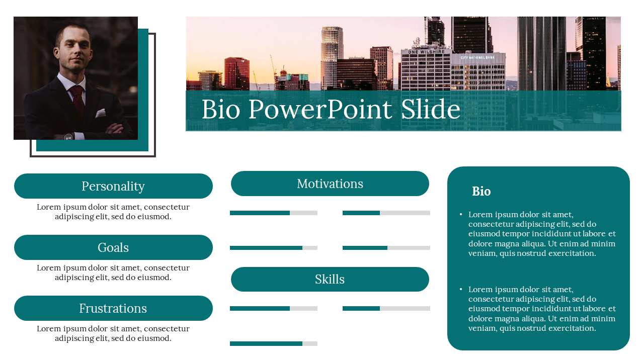 A pack of color coded professional bio slides featuring a profile photo, bio details, and many categorized sections.