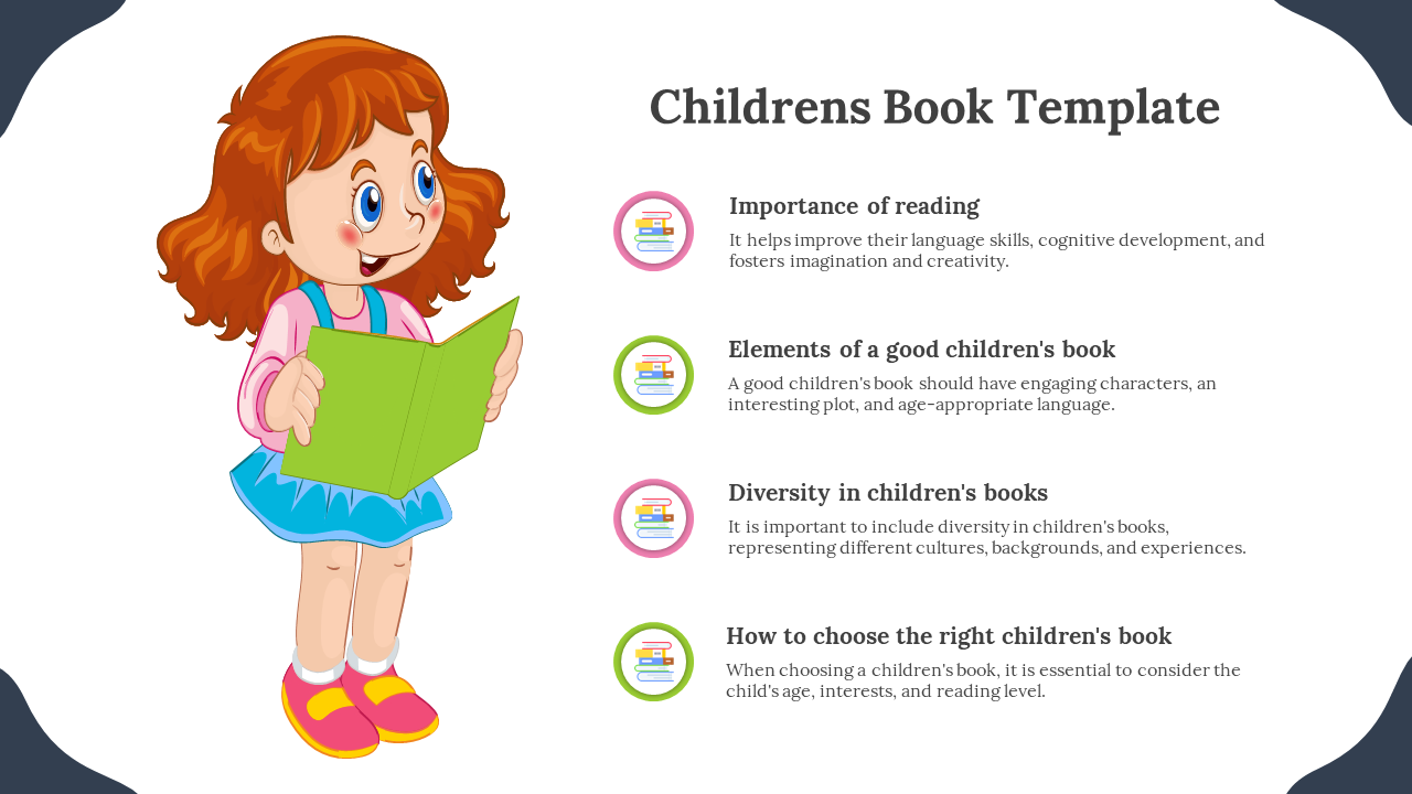 Colorful children's book slides showcasing the importance of reading and the elements of a good book.