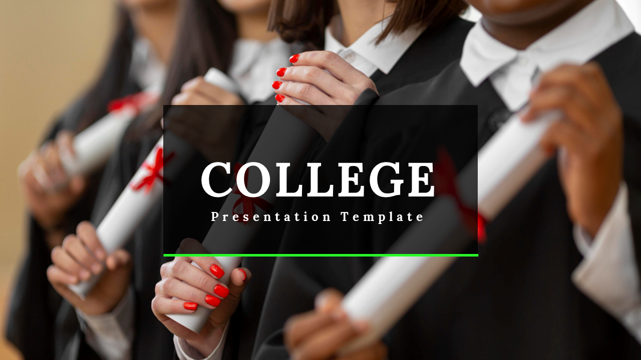 College-themed slides showcasing a graduation image, academic programs, campus life, and career development sections.