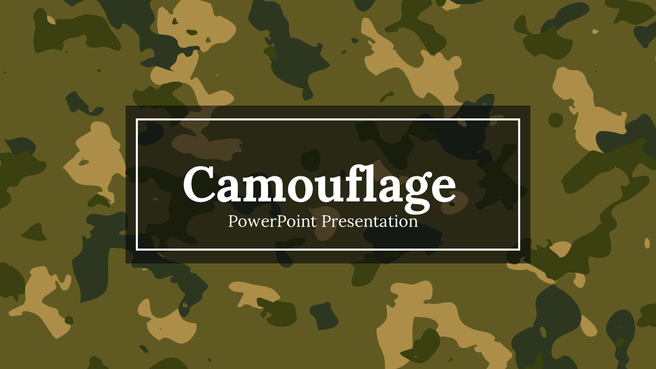 Camouflage themed slide deck with military visuals, discussing the purpose, types, and use in nature and defense.