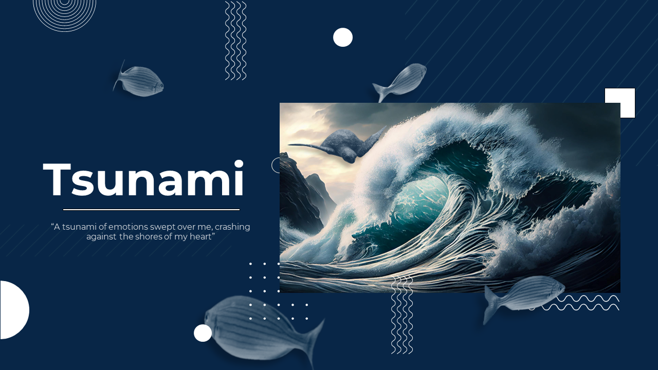 Tsunami themed slides showcasing large ocean waves and detailed slides on topics like historical tsunamis and recovery.