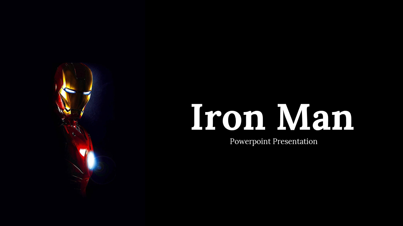 Pack of slides featuring Iron Man images, with white text boxes on dark backgrounds, highlighting key aspects.