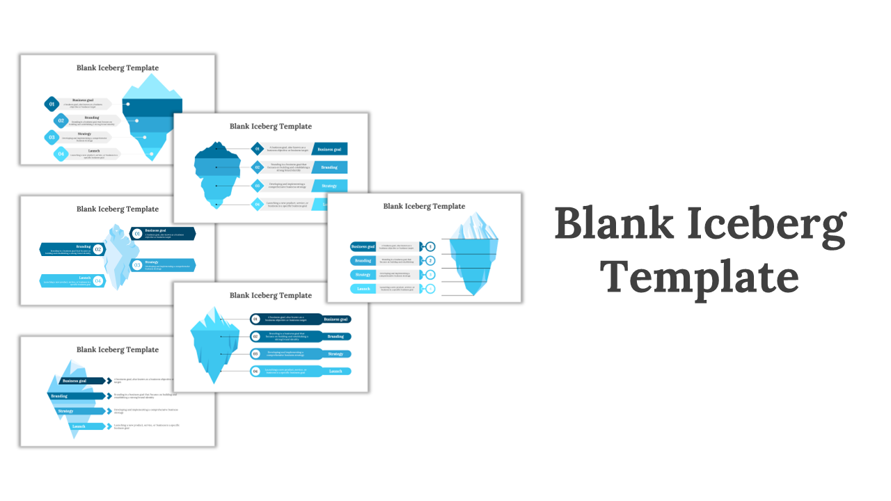 Slide deck featuring iceberg diagrams in various shades of blue, showcasing multiple layers for data presentation.