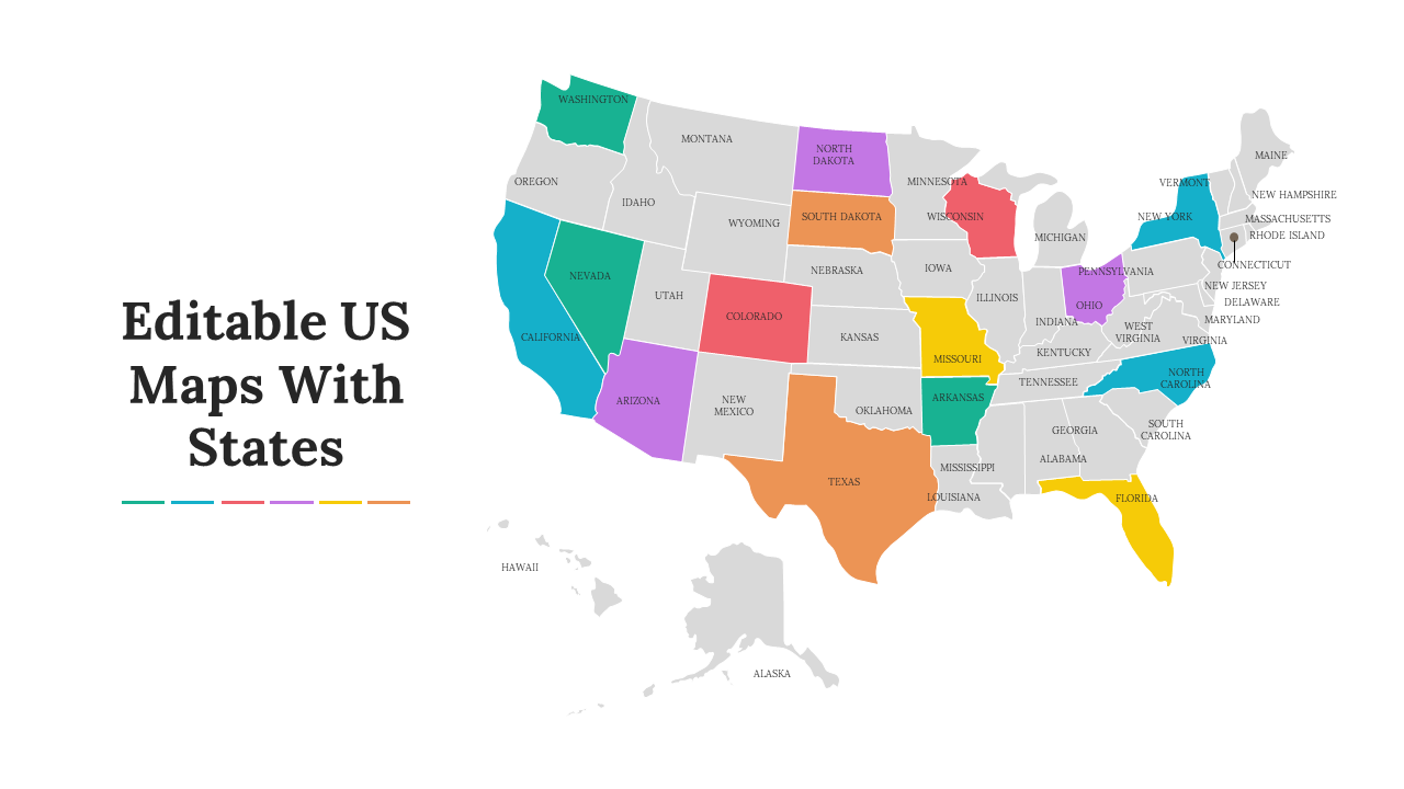 Slide deck with white backgrounds featuring colorful, editable US state maps and population data in various colors.