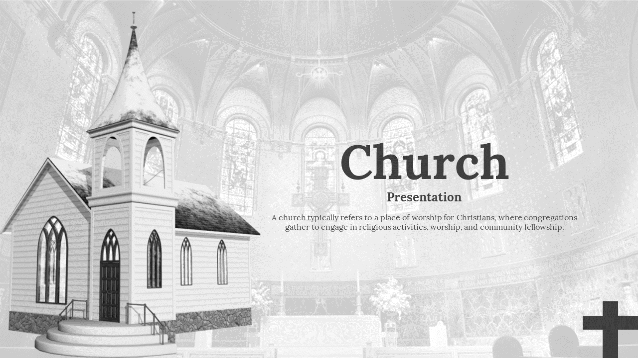 Black and white themed church slides with many topic sections and text descriptions with images.