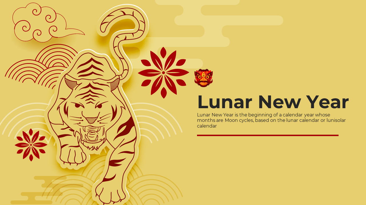 PowerPoint template for Lunar New Year, featuring slides on celebrations, rituals, zodiac animals, and modern practices.