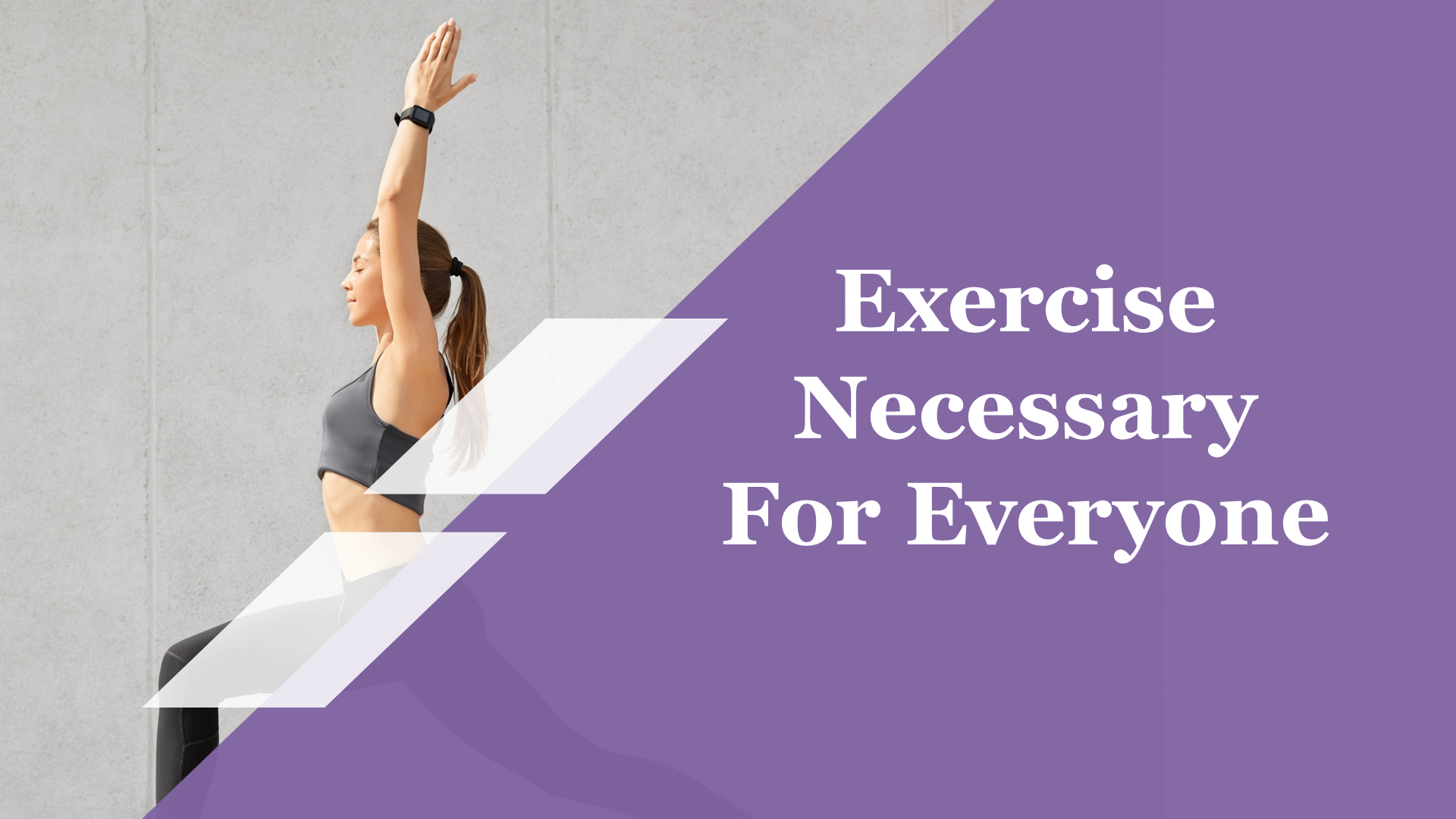 Importance of exercise slides, featuring visuals of workout activities, benefits, and survey infographic, in purple design.