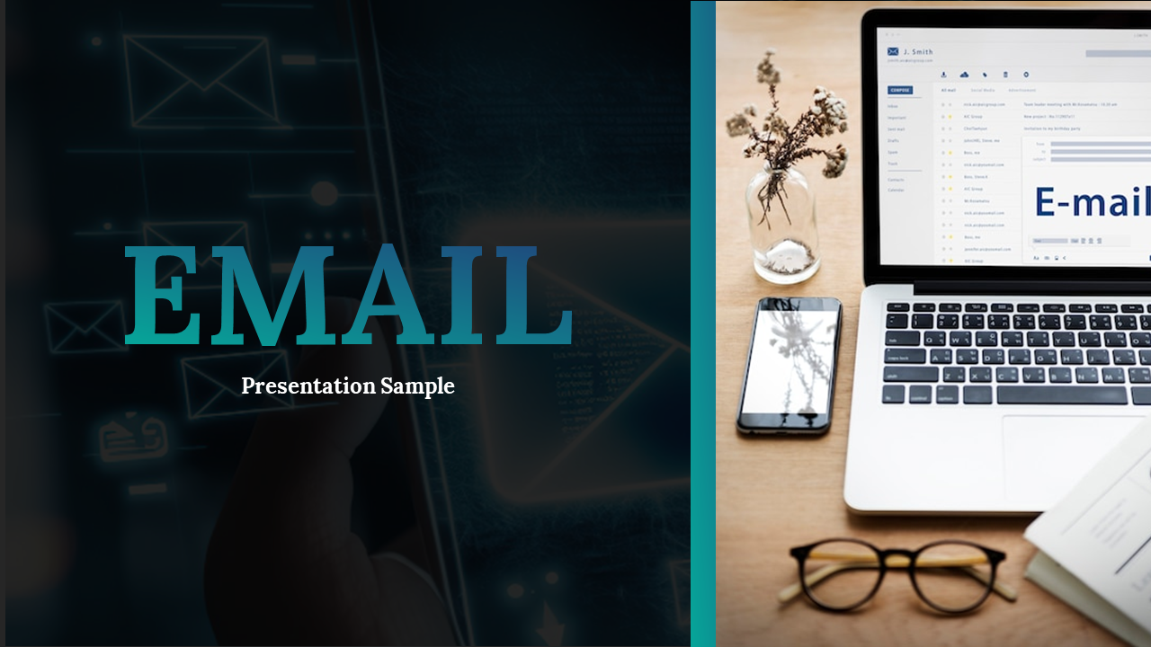 Sample for email, featuring a dark background with icons on the left and a workspace with a laptop showing an inbox.