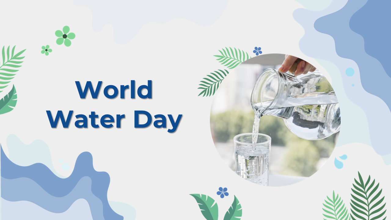 A pack of world water day slides showcasing key topics with various images and text descriptions.