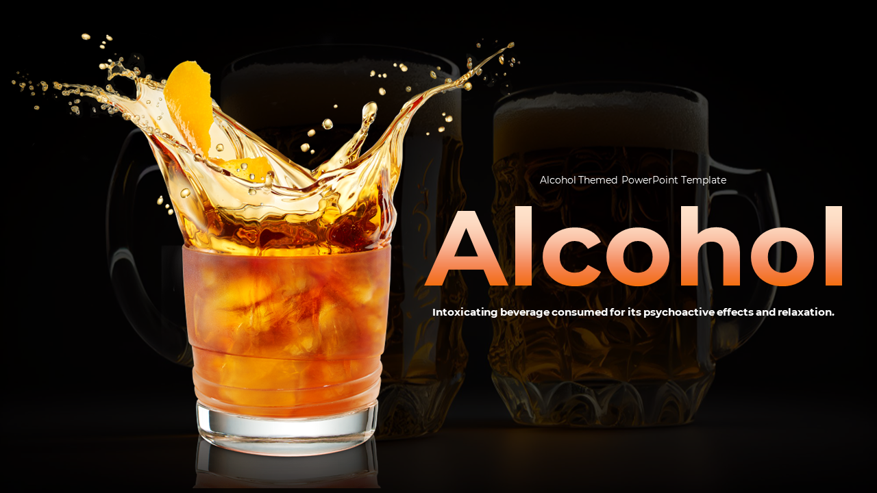 Slide deck featuring alcoholic beverages, with a black and orange background, discussing brewing, advertising, and safety.