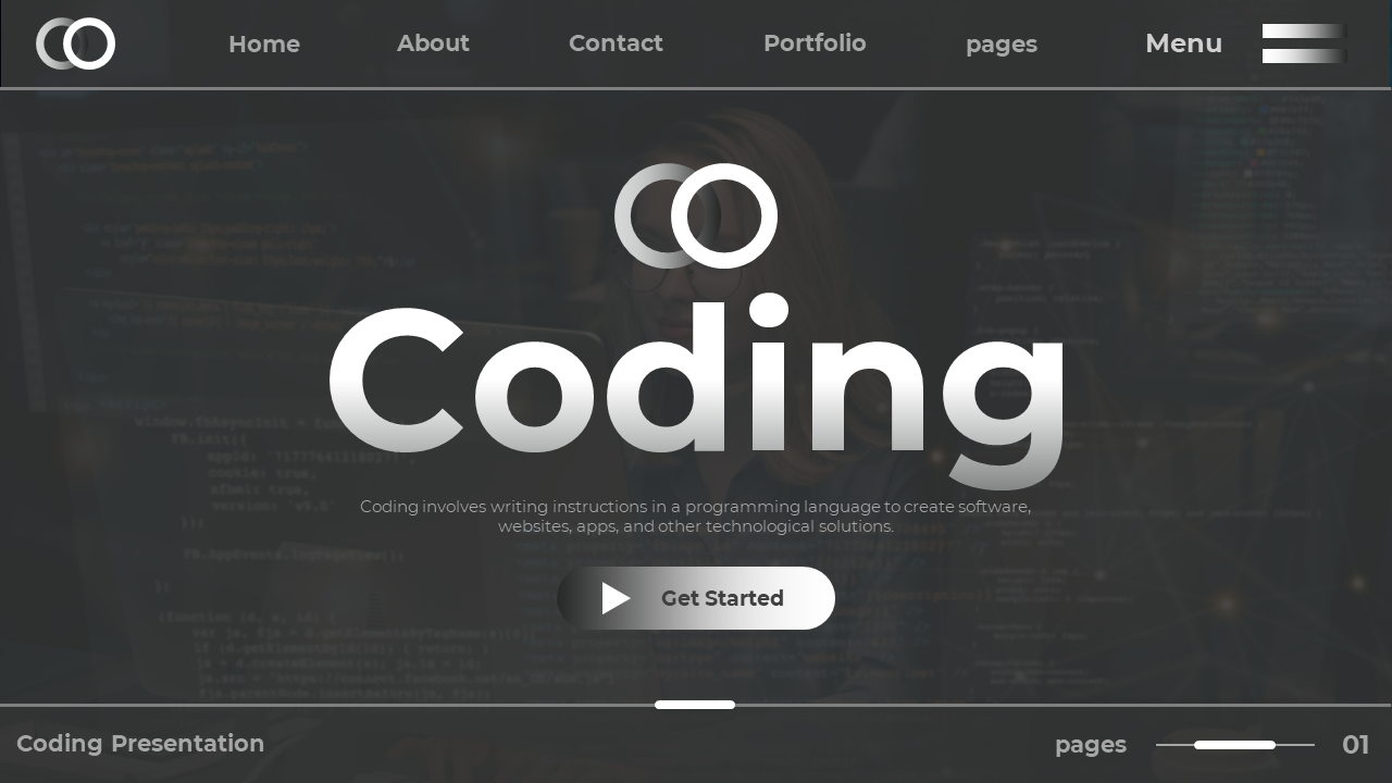 A sleek and modern coding presentation interface featuring a dark theme, showcasing various slides on programming languages.