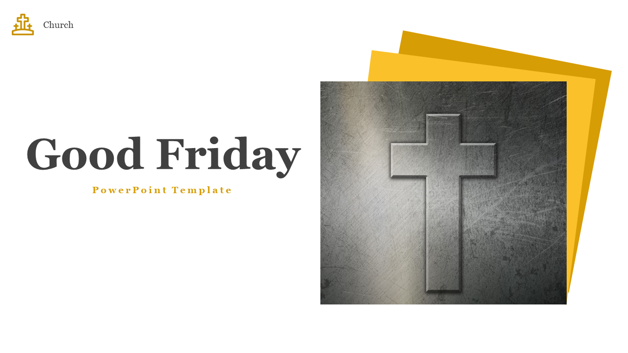 Good Friday template featuring a cross-themed design and multiple slides with religious imagery and text layouts.