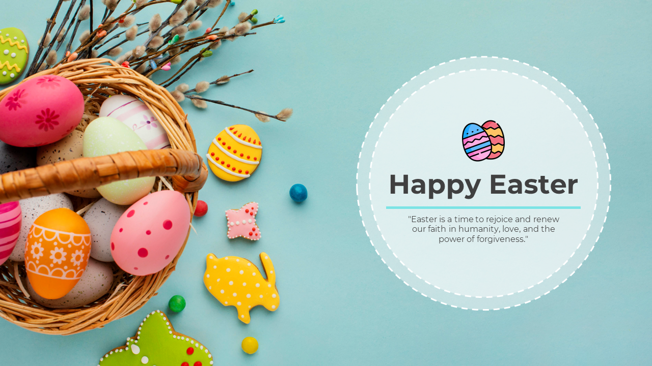 A pack of colorful easter themed slides featuring a basket of decorated eggs and various topic sections.