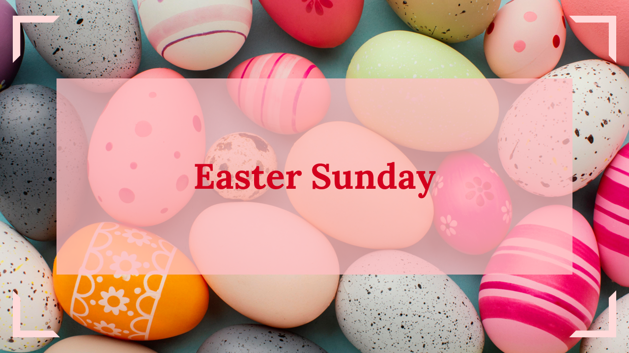 Easter Sunday PowerPoint design with pastel colored eggs and slides discussing Easter history, symbols, and celebrations.