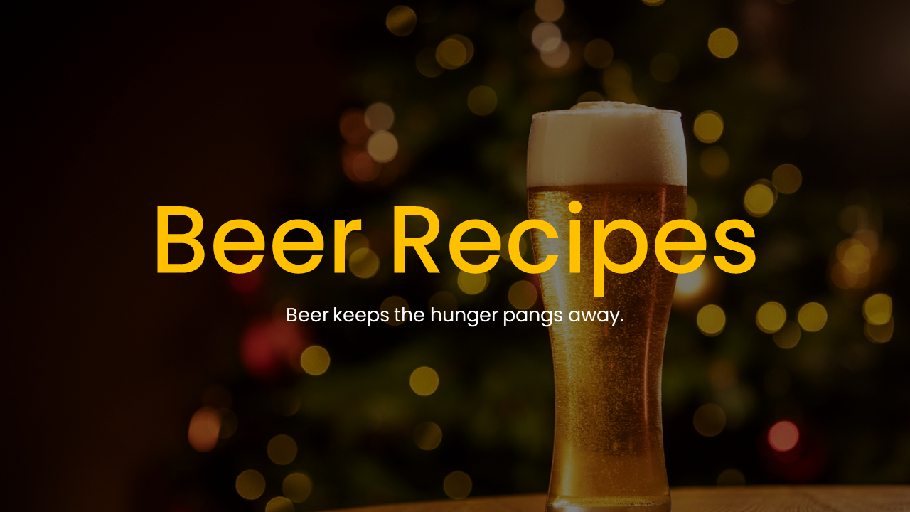 Beer Recipe PowerPoint template with multiple slides showcasing beer brewing tips and recipes.