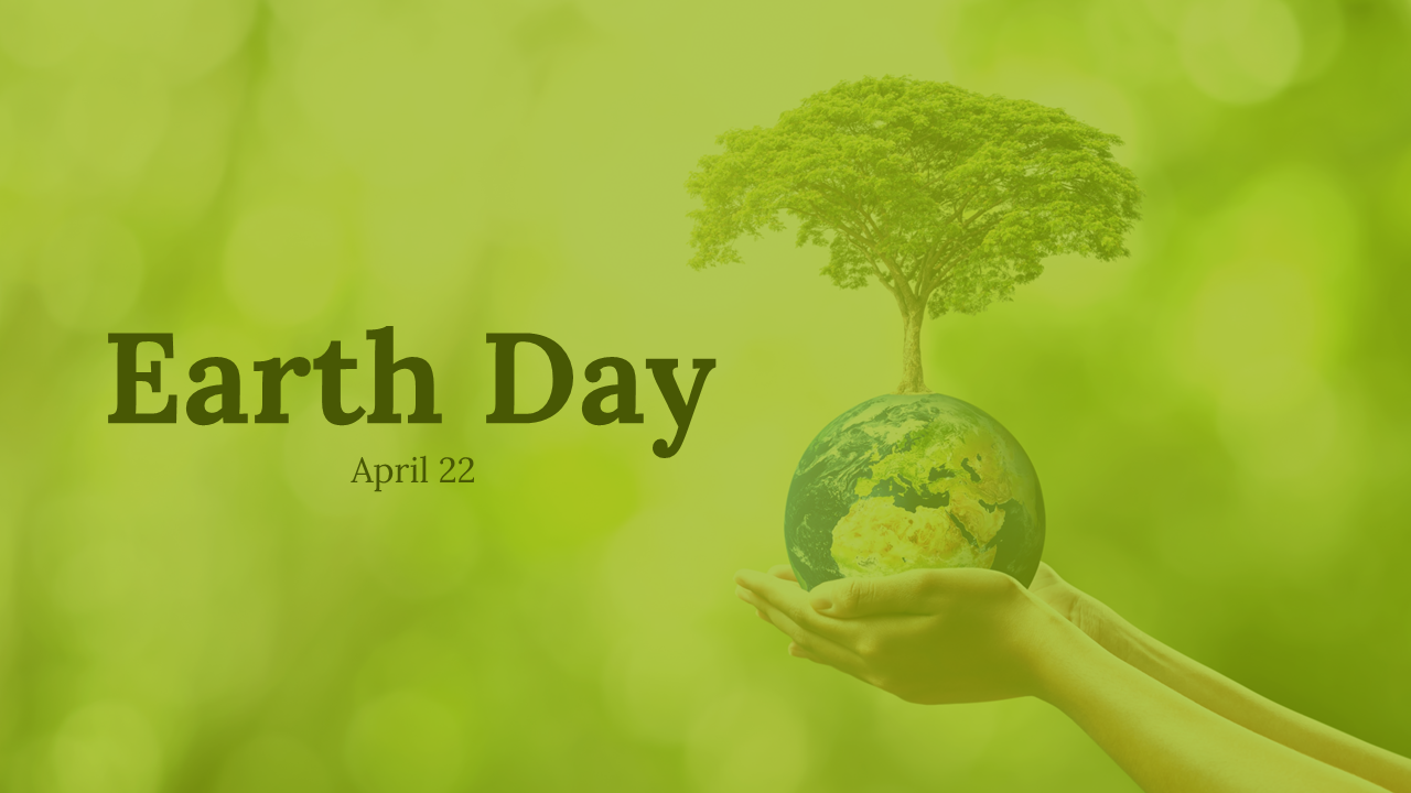 Earth day slide deck with green theme, featuring recycling, transportation, and agriculture with eco friendly visuals.