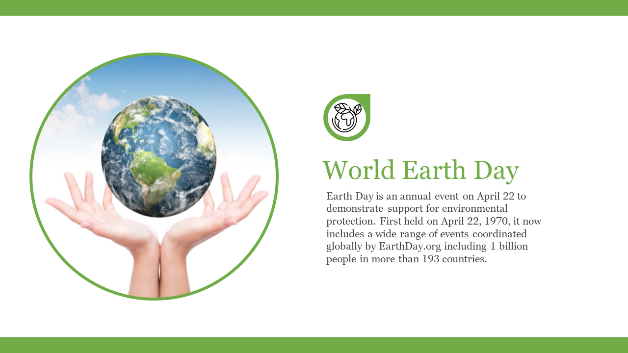 Earth day slide deck featuring images of the planet, recycling symbols, and environmental themes in a green layout.