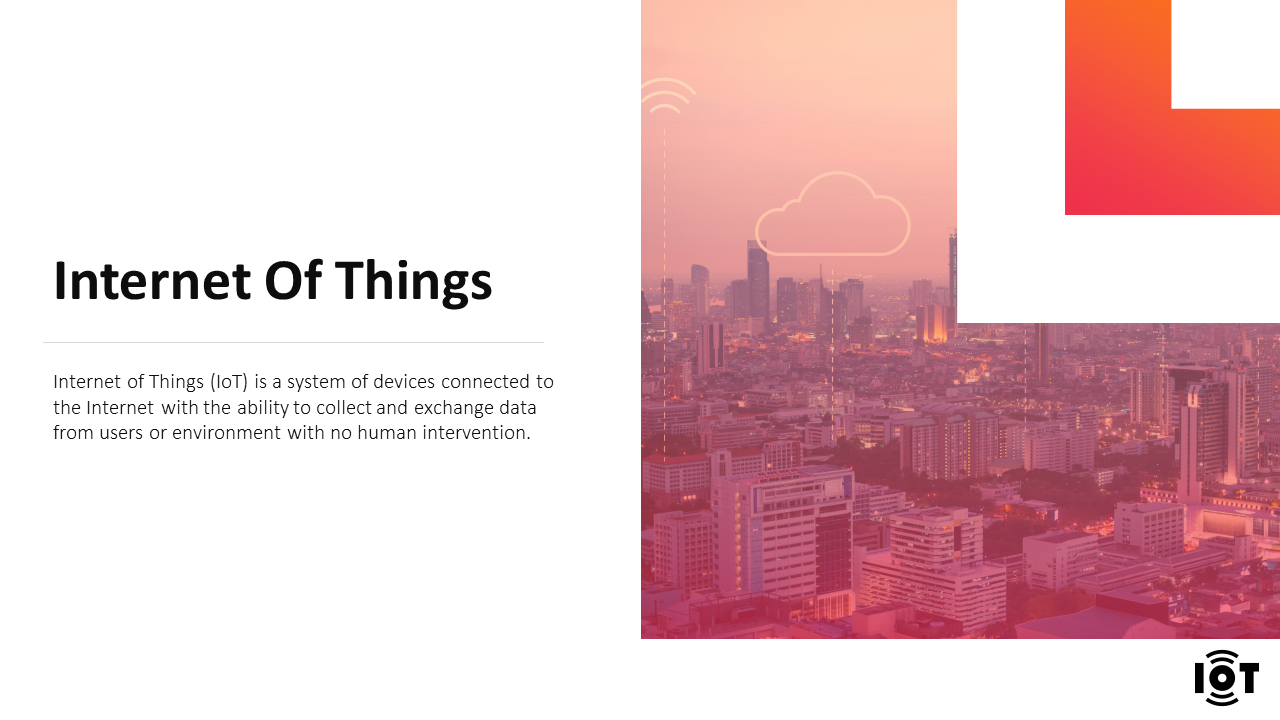 IoT presentation cover slide with cityscape image and icons representing various IoT applications and training topics.