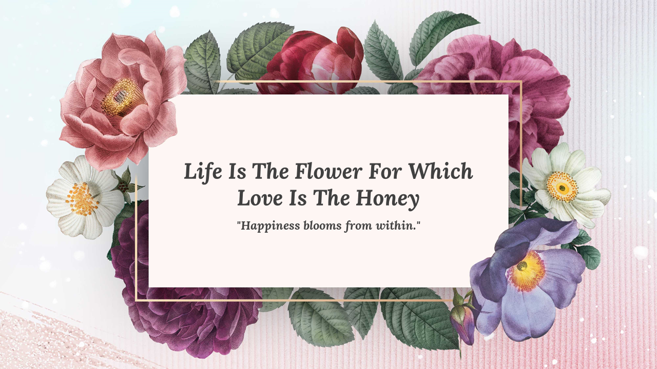 Collection of slides with a mix of pink, purple, and white flowers centered around a quote on a floral backdrop.