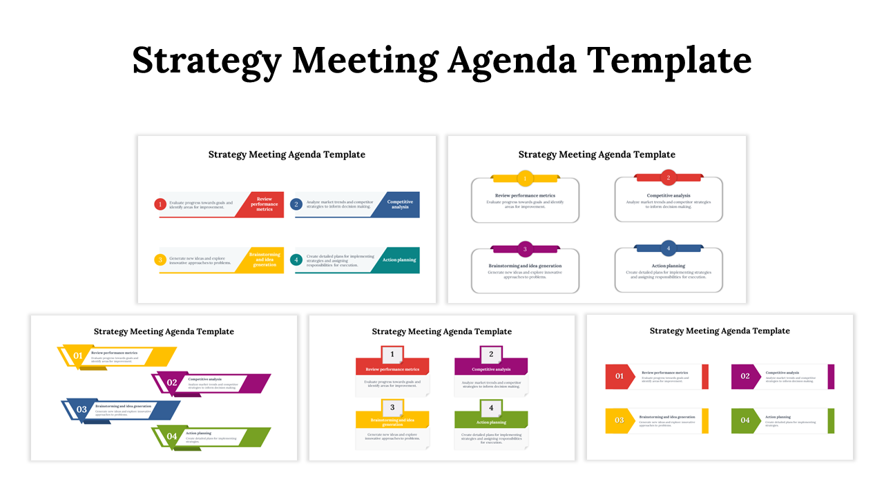 Multiple agenda slides with vibrant color coded sections outlining different strategy meeting steps and objectives.