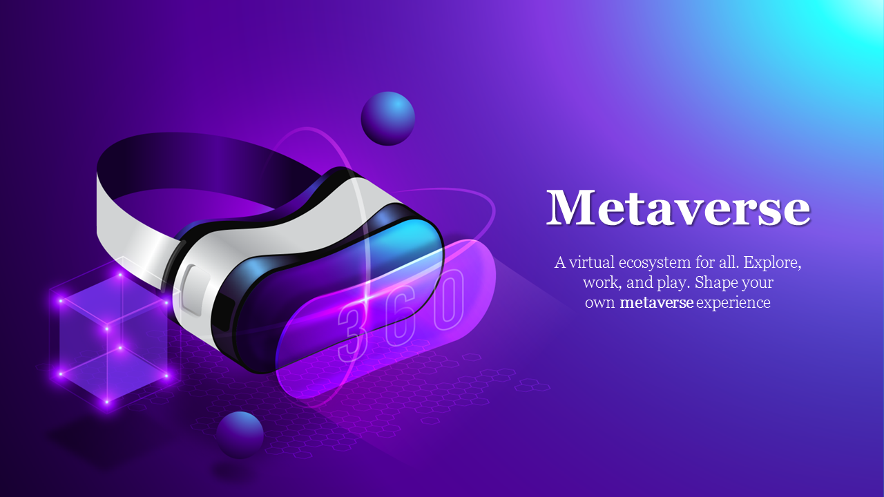 Metaverse slide pack with vibrant purple hues, featuring virtual reality, immersive experiences, and futuristic tech.