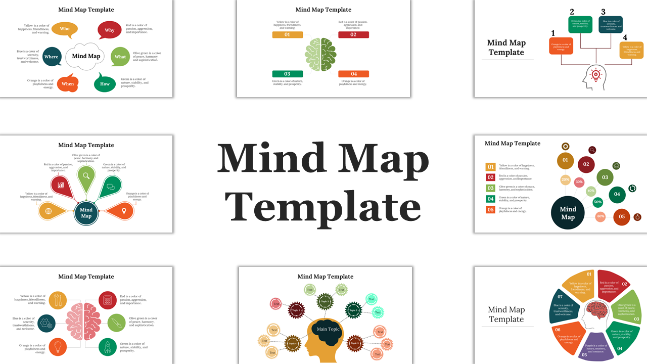 Collection of colorful mind map slides featuring various designs and layouts for organizing ideas visually with icons.