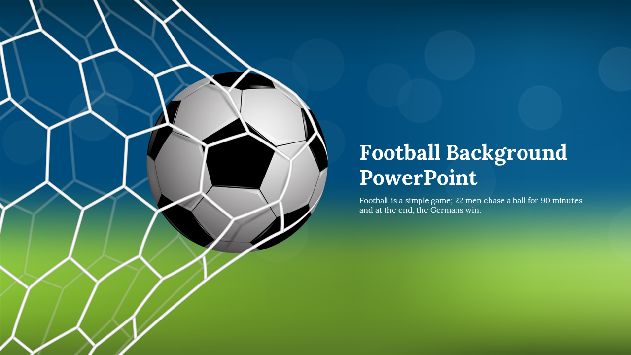 Football background slide featuring a soccer ball hitting the net on a green field with a blue sky backdrop with title text.