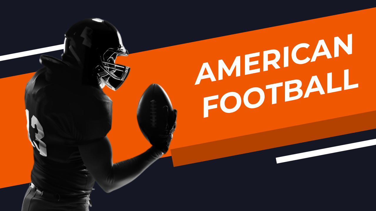 American football themed slides featuring black and white player images and orange highlights across various topics.