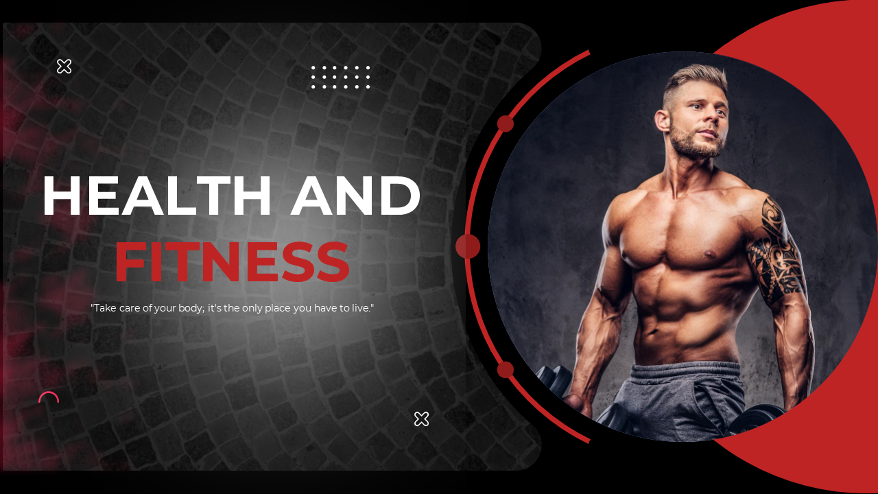 Health and fitness slides featuring a muscular man holding dumbbells against a dark background.