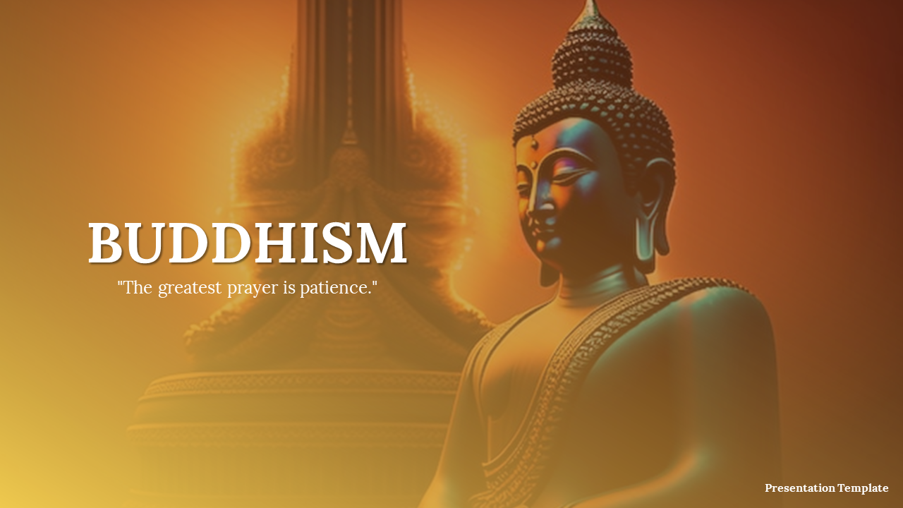 Buddhism slide deck with a warm golden background, featuring Buddha statues, highlighting the life and mindfulness.