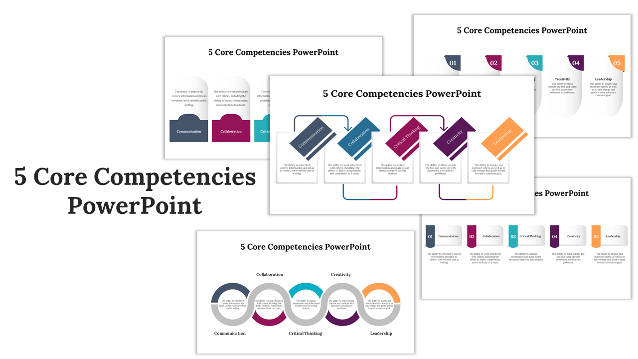 Slide deck showcasing five core competencies with diverse layouts and colorful sections, including a thank you note.