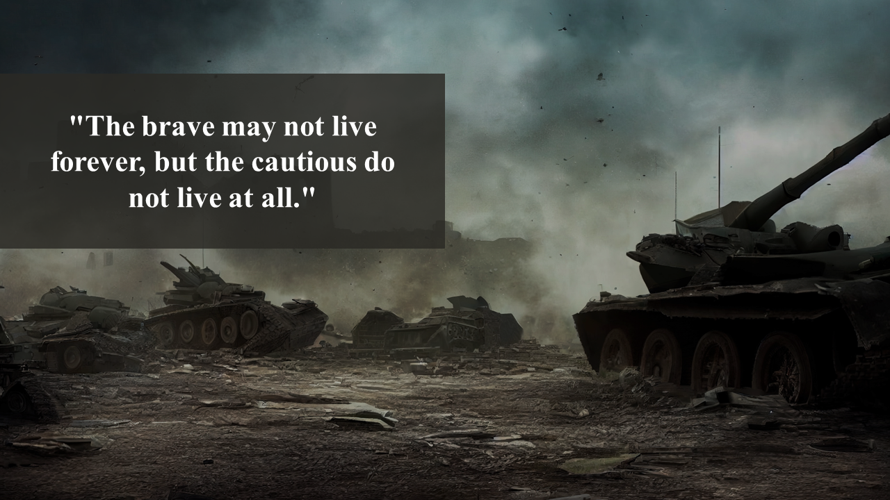 Slides with dark and orange toned military visuals highlighting tanks, ruins, and soldiers, with an overlay of quotes.