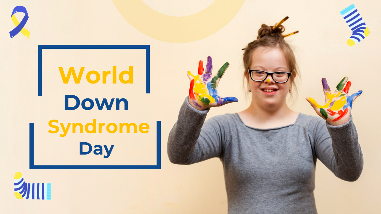 Young girl holding up painted hands, with world down syndrome day text and blue-yellow ribbon illustration.