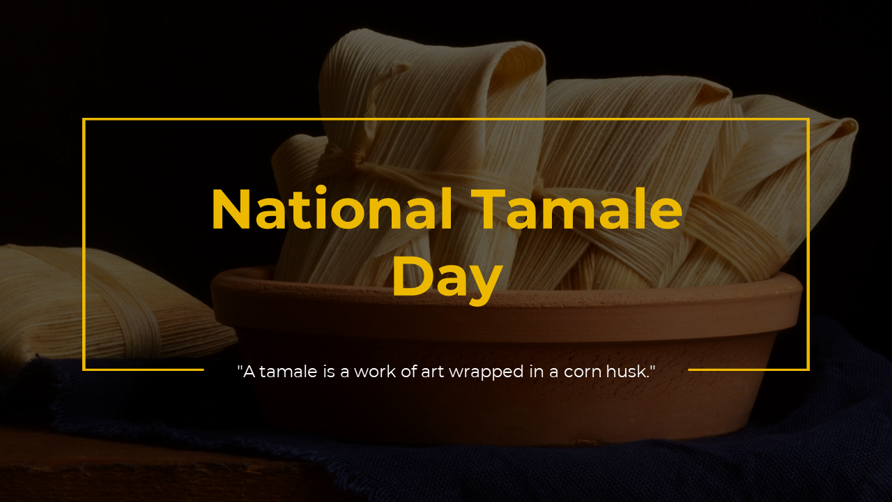 Slide deck with yellow and black themed slides showing tamale dishes, history, and health benefits with colorful visuals.