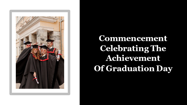 Graduation-themed with a cover slide deck showing graduates in gowns and multiple content slides with text and images.