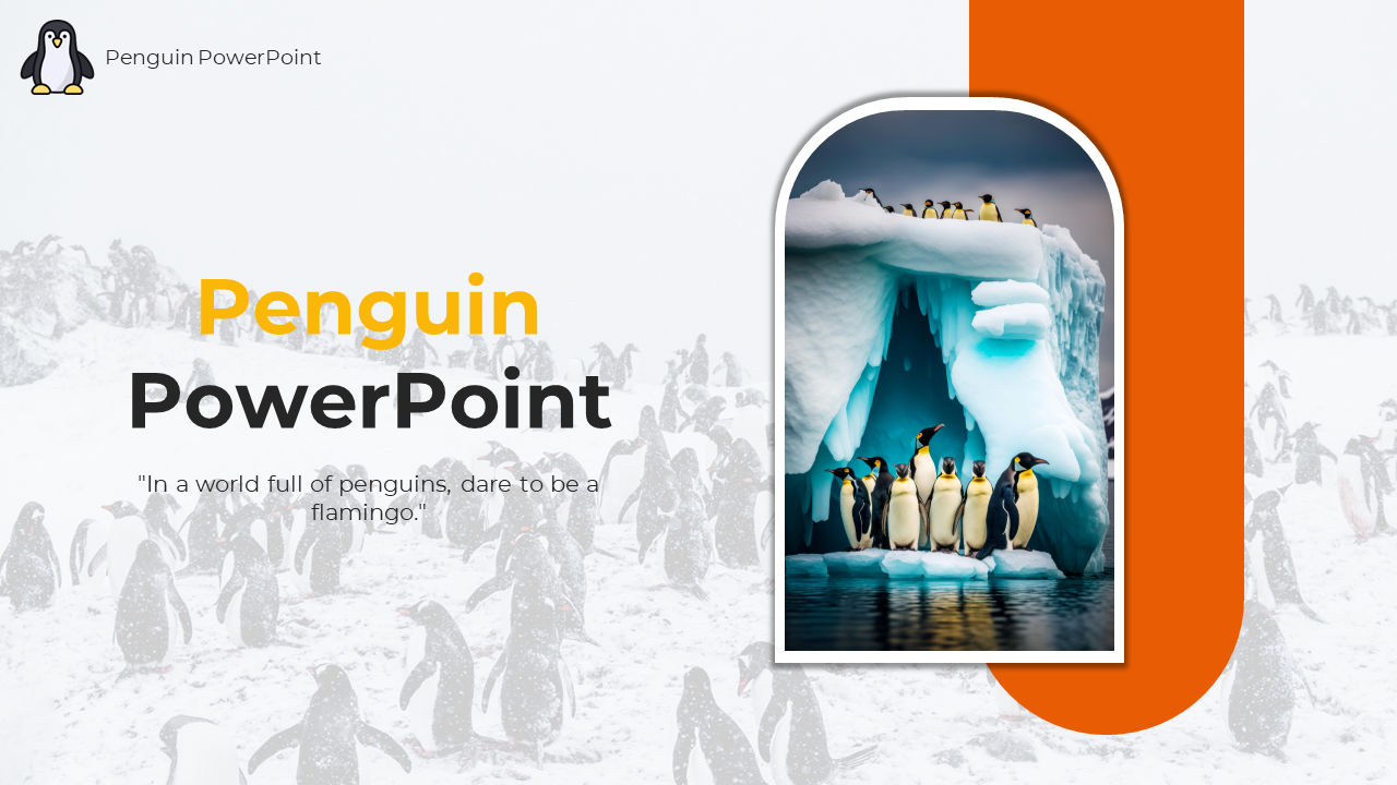 Penguin slide deck showing the characteristics on an iceberg with an orange vertical banner and placeholder text areas.