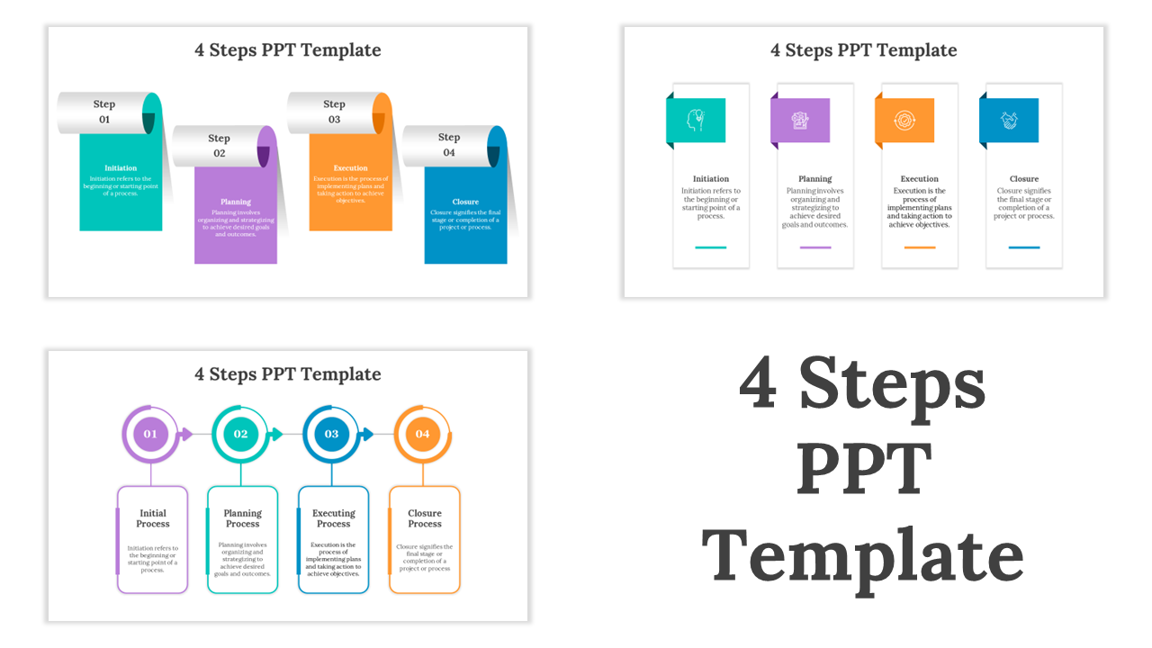 Series of slides showing different 4 step processes in a variety of layouts and colors like blue, orange, purple, and teal.