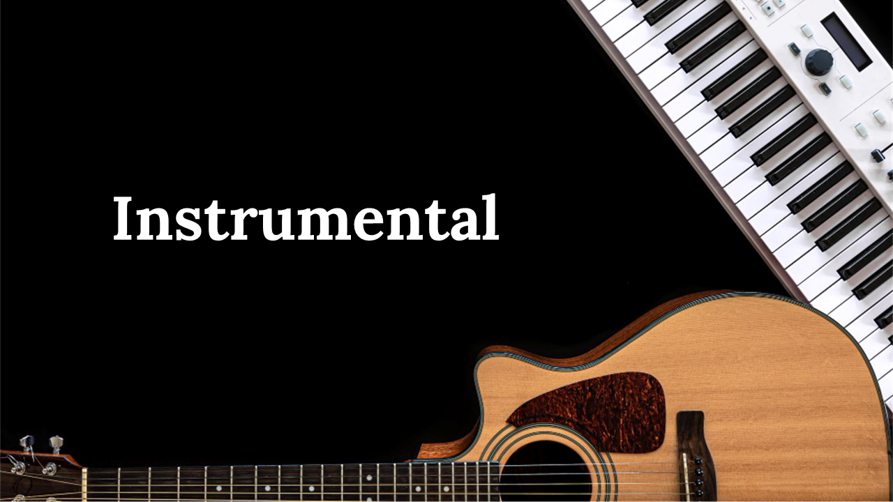 Instrument themed presentation slides with a guitar, keyboard, and drum set arranged on a dark background.