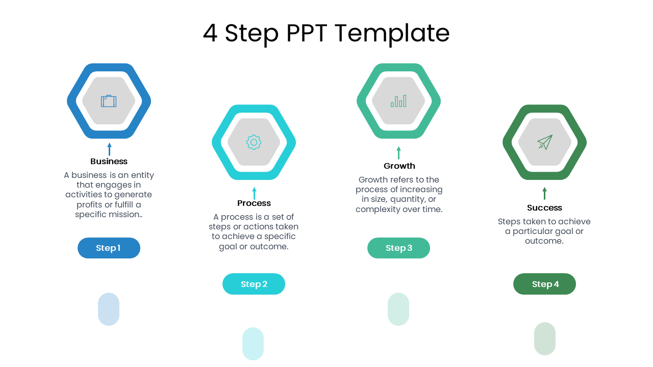 Collection of slides featuring 4 step processes, with circular and hexagonal icons in blue, and green tones.