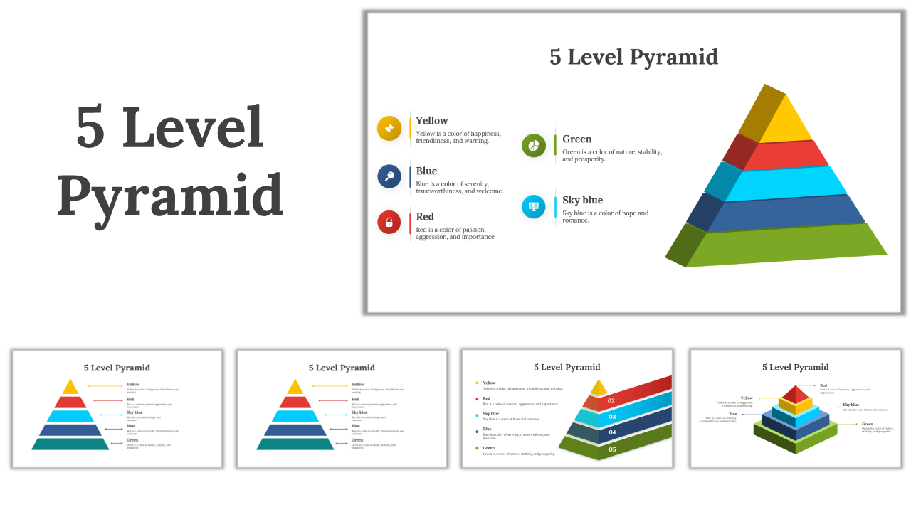 Series of slides featuring a multicolored 5 level pyramid, visually depicting hierarchical information in bold colors.