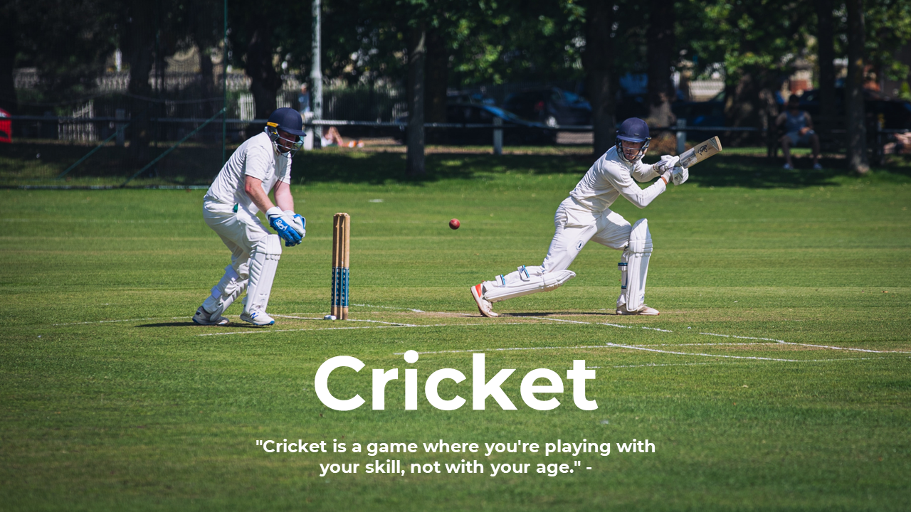 Cricket themed background slides featuring two players and highlighting the sport's dynamic nature with cricket ball and bat.