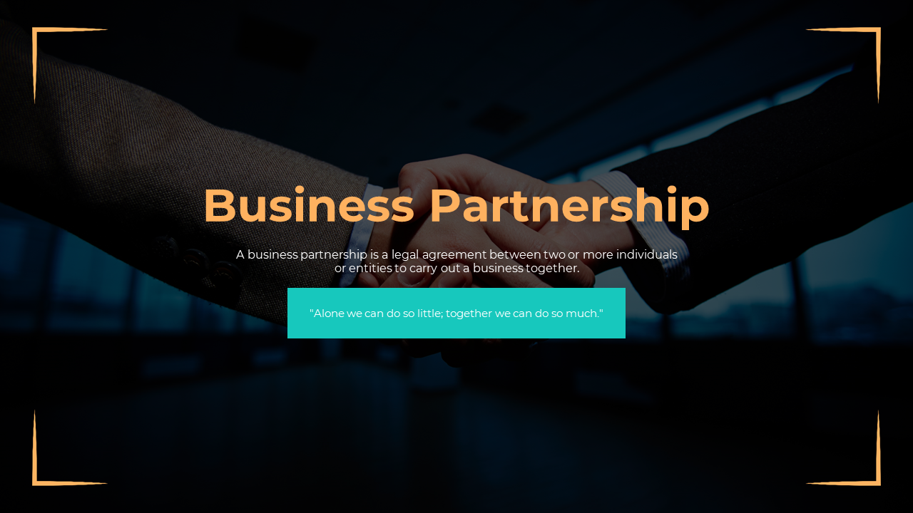 Business Partnership presentation slides with sections on types, advantages, and rules of partnerships.