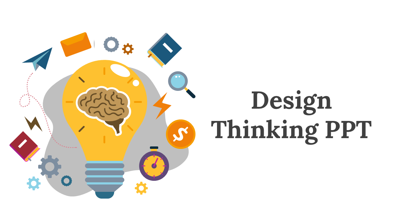 Large light bulb with a brain and design icons, six process slides below depicting different design thinking steps.