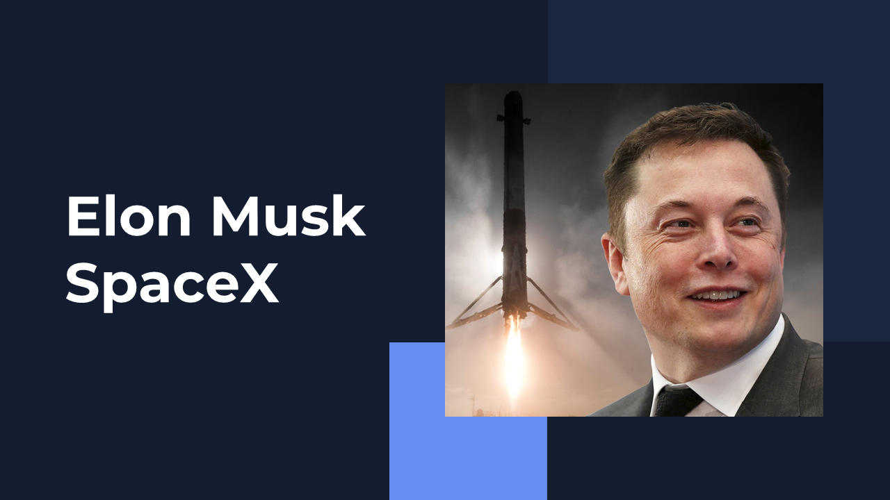 Elon Musk spaceX slides with rocket launches, space exploration achievements, and future plans, in dark blue tones.