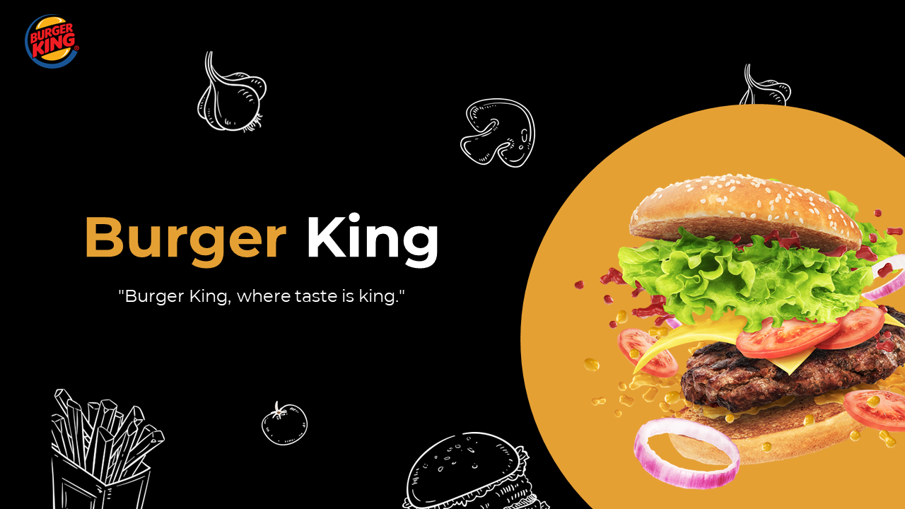 A pack of burger king slides highlighting its history, menu items with images, and text descriptions on a dark backdrop.