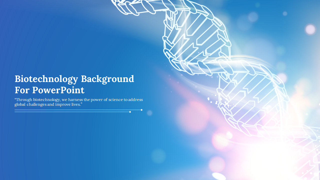 Biotechnology slide deck with glowing DNA strands showcasing laboratory and molecular visuals, on blue background.